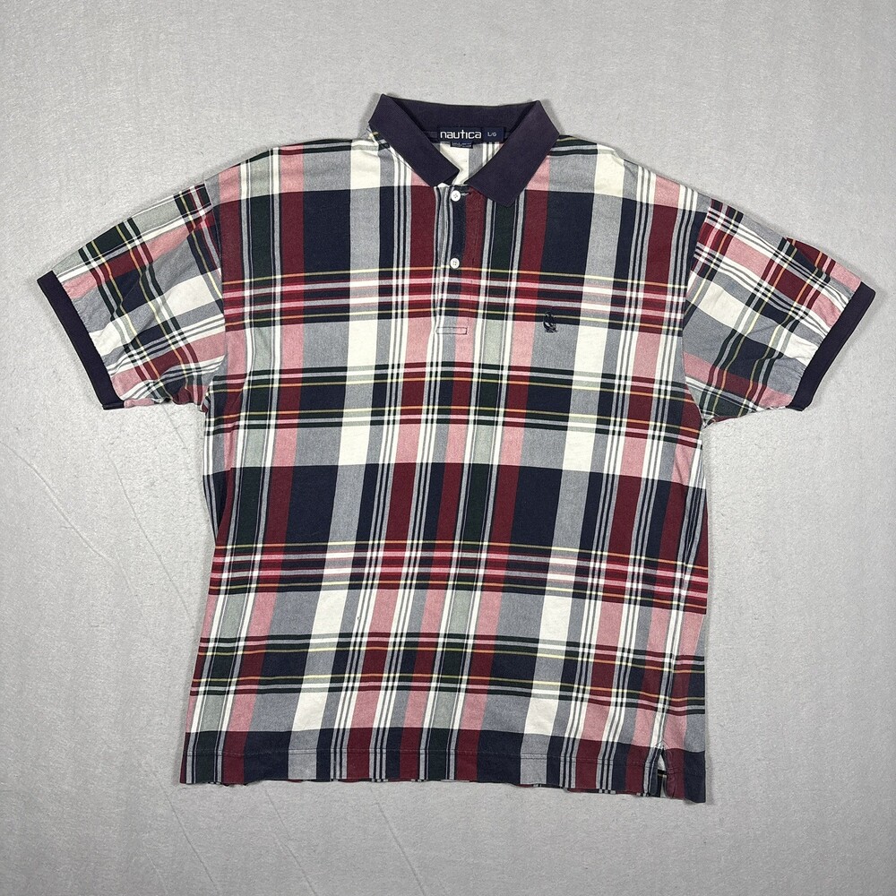 Vintage Nautica Plaid Polo Shirt Size Large Hip Hop Streetwear Preppy Golf 90s